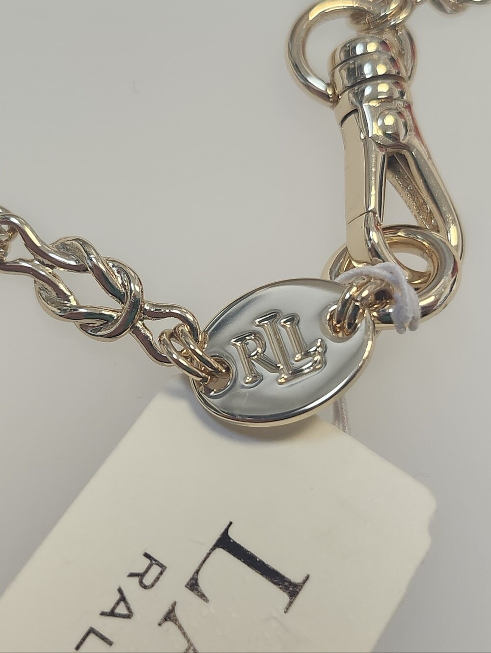 NWT Ralph Lauren Gold Tone Logo Knot Chain Collar Necklace - Picture 4 of 4